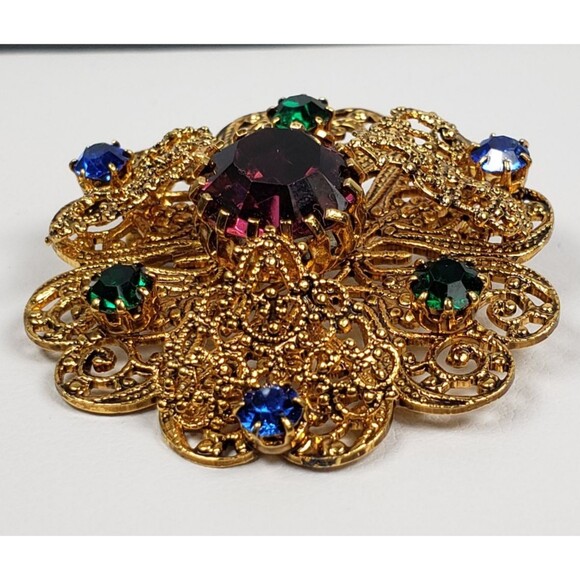 Czechoslovakia (CZECH) Gold Tone Filigree Glass Red, Green & Blue Stones Brooch - Picture 7 of 16